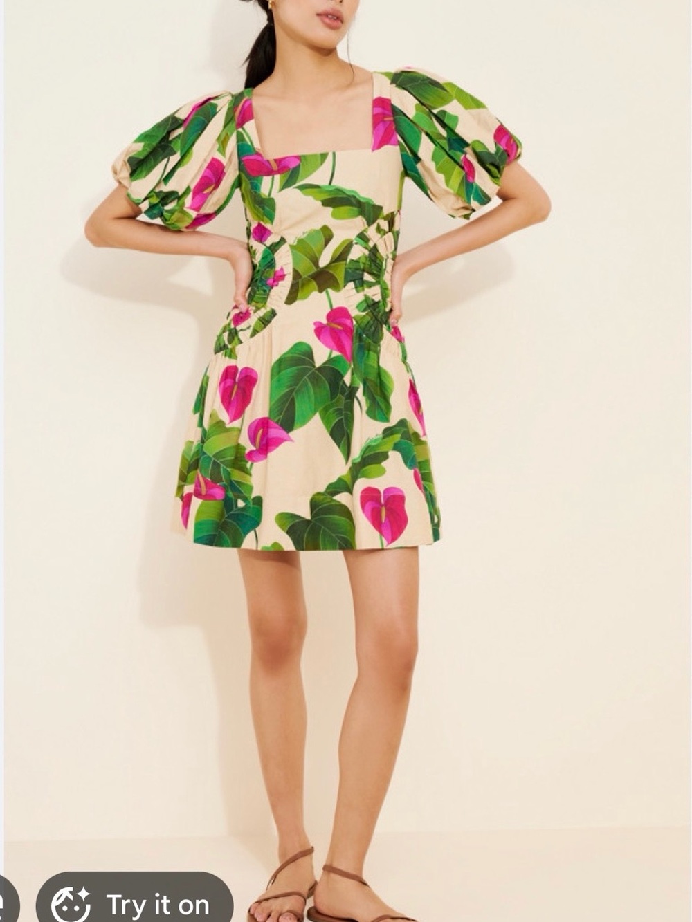 New Farm Rio Anthurium Leaves Sand Linen Dress Puff Sleeves Small